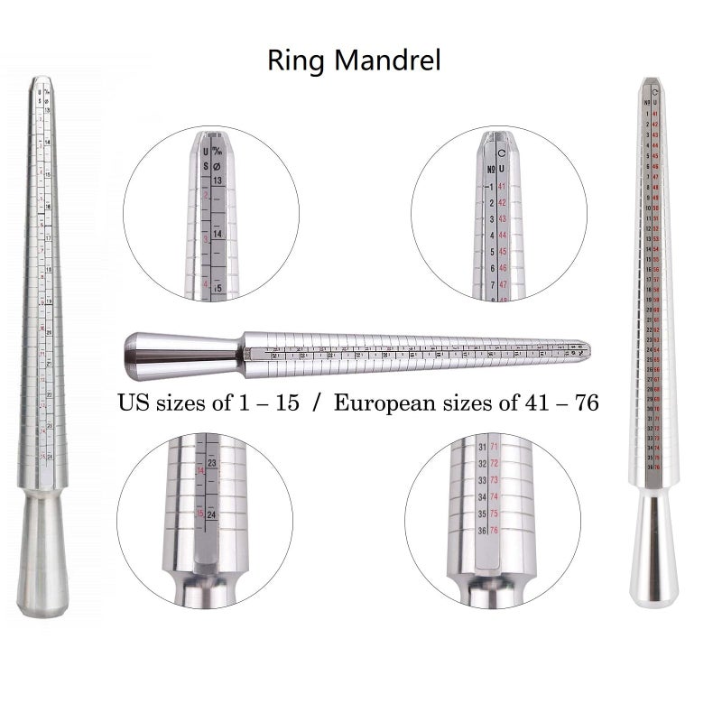YaeKoo Jewelry Ring Mandrel Sizer Gauge Tools Set, Stainless Steel Ring Mandrel Rubber Hammer Measuring Stick Ring Size Gauge, 27 pcs Ring Sizer Gauge Circle Models and 2 pcs Cleaning Cloth (6 pcs) - Image 3